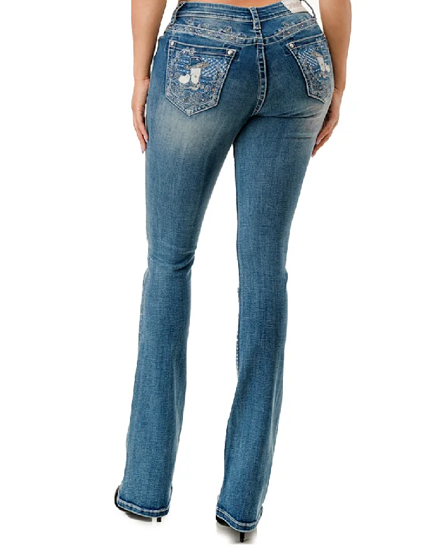 Women's Embellished Cactus Boot Cut Jeans Fashionable Raw Edge Jeans