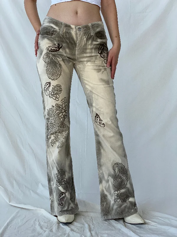 Rare Vintage Bebe Jeans Gray & Beige Tones Graphic Flared Velvet Pants - 38EUR Elegant Tapered Leg Denim Rare Vintage Bebe Jeans Gray & Beige Tones Graphic Flared Velvet Pants - 38EUR Elegant Tapered Leg Denim