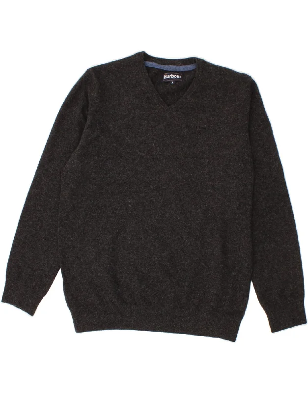 BARBOUR Mens V-Neck Jumper Sweater XL Grey Flecked Wool Mesh Blend Leather Blend Suede Blend BARBOUR Mens V-Neck Jumper Sweater XL Grey Flecked Wool Mesh Blend Leather Blend Suede Blend