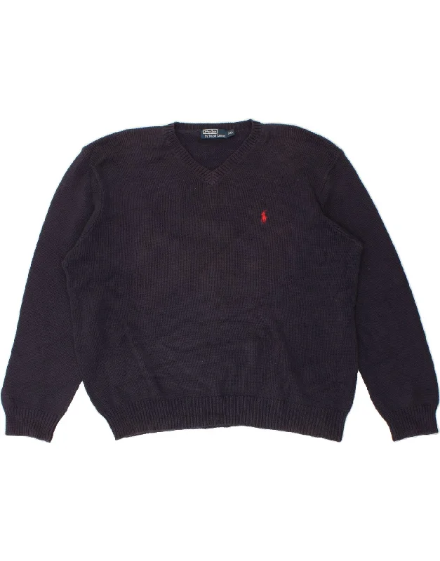 POLO RALPH LAUREN Womens V-Neck Jumper Sweater UK 20 2XL Navy Blue Soft Cozy Warm