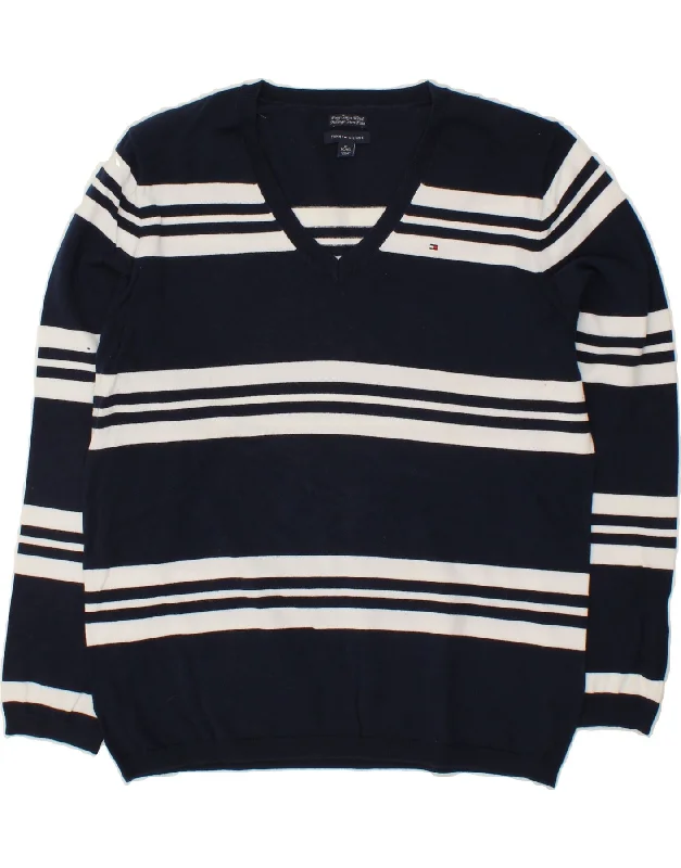 TOMMY HILFIGER Womens V-Neck Jumper Sweater UK 18 XL Navy Blue Striped Wool Sweater Cotton Sweater Cashmere Sweater