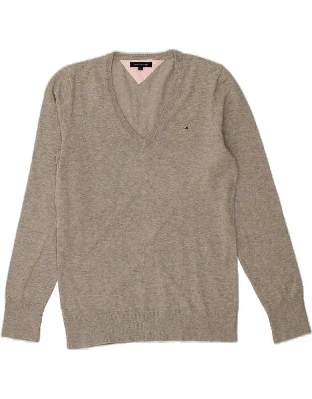 TOMMY HILFIGER Womens V-Neck Jumper Sweater UK 14 Large Grey Cotton Fleece Fabric Down Fabric Feather Fabric TOMMY HILFIGER Womens V-Neck Jumper Sweater UK 14 Large Grey Cotton Fleece Fabric Down Fabric Feather Fabric