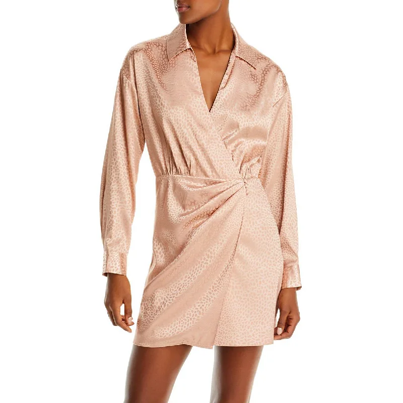 Womens Satin Animal Print Mini Dress Casual V-Neck Mini Dress