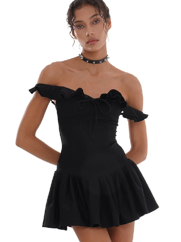 High Elastic Ruffled Waist Skater Mini Dress Elegant Lace-Up Mini Dress
