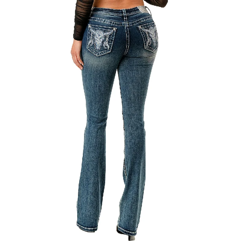 Women's Embroidered Steer Head Boot Cut Jeans Comfortable Zip-Fly Denim Jeans