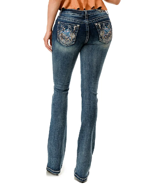 Women's Embroidered Sunset Horseshoe Boot Cut Jeans Stylish High-Rise Mom Jeans