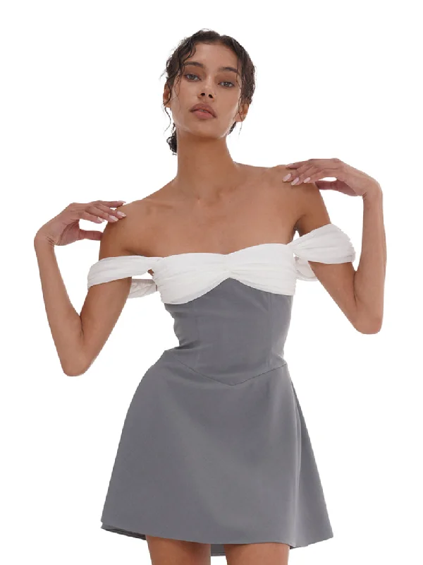 Black & Gray Off-Shoulder A-Line Mini Dress Trendy Mesh Mini Dress