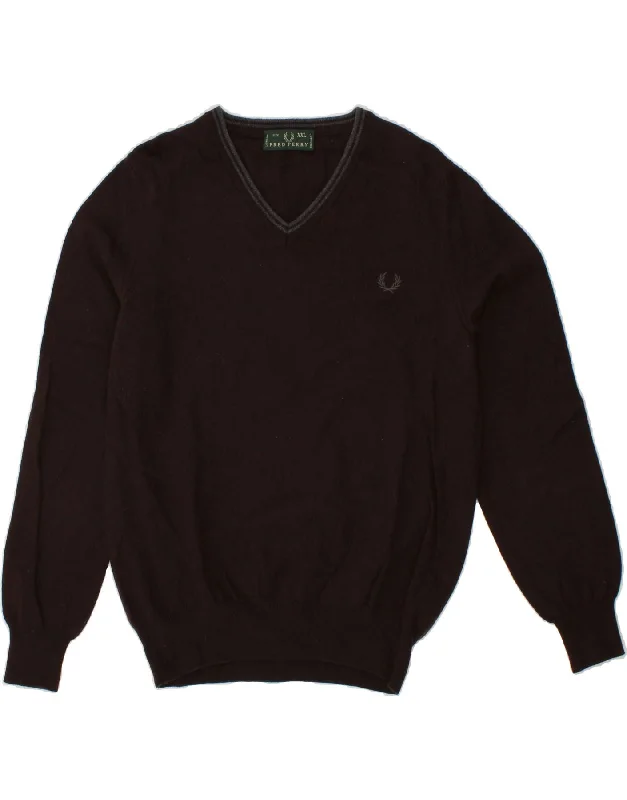 FRED PERRY Womens V-Neck Jumper Sweater UK 20 2XL Brown Wool Embroidered Appliqued Beaded FRED PERRY Womens V-Neck Jumper Sweater UK 20 2XL Brown Wool Embroidered Appliqued Beaded
