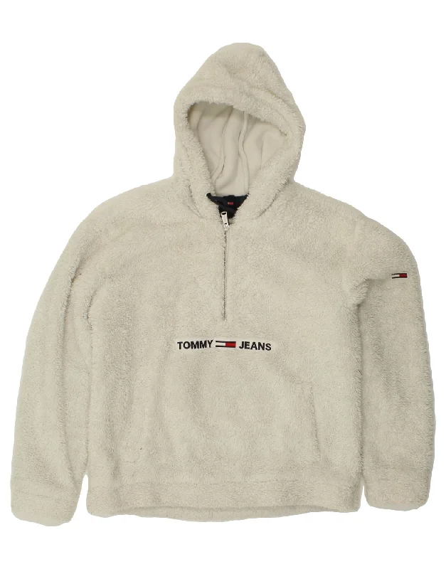 TOMMY HILFIGER Mens Hooded Fleece Jumper Large White Polyester Welt Pockets Slit Pockets Flap Pockets TOMMY HILFIGER Mens Hooded Fleece Jumper Large White Polyester Welt Pockets Slit Pockets Flap Pockets