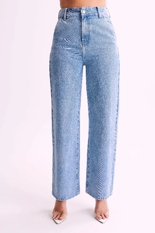 Roxy Wide Leg High Waist Denim Jeans - Mid Blue Stylish Acid-Wash Jeans