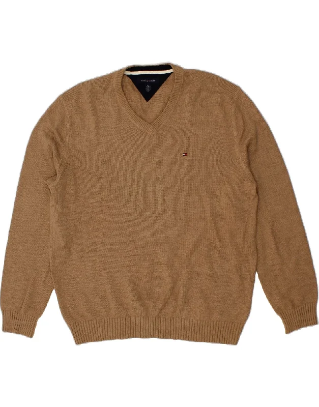TOMMY HILFIGER Mens V-Neck Jumper Sweater 2XL Brown Cotton Jersey Fabric Tulle Fabric Batik Fabric TOMMY HILFIGER Mens V-Neck Jumper Sweater 2XL Brown Cotton Jersey Fabric Tulle Fabric Batik Fabric