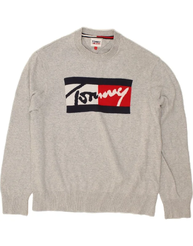 TOMMY HILFIGER Mens Graphic Crew Neck Jumper Sweater Large Grey Cotton Boxy Sweater Fitted Sweater A-Line TOMMY HILFIGER Mens Graphic Crew Neck Jumper Sweater Large Grey Cotton Boxy Sweater Fitted Sweater A-Line