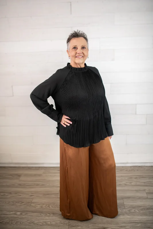 Black Ruffle Neck Pleated Long Sleeve Blouse Loose Fit Blouse