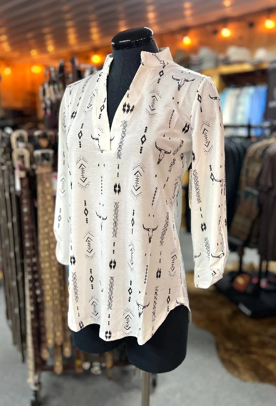 Cowgirl Hardware White Blouse with Steer Head Pattern Elegant Lace Blouse