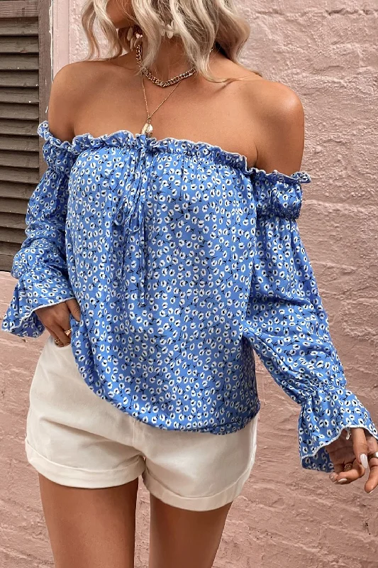 Off Shoulder Printed Frill Trim Blouse Floral Chiffon Blouse
