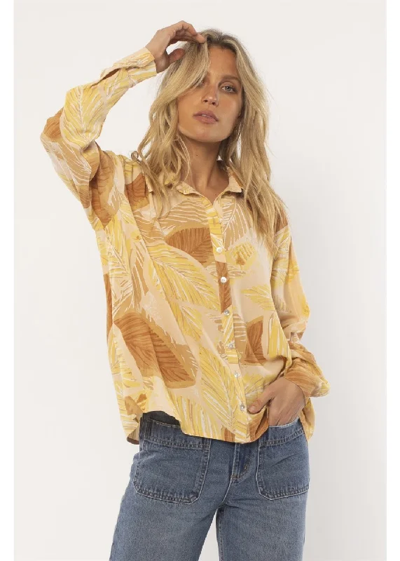 Amuse Society Jungle Cat Long Sleeve Woven Blouse Delicate Pleat Blouse