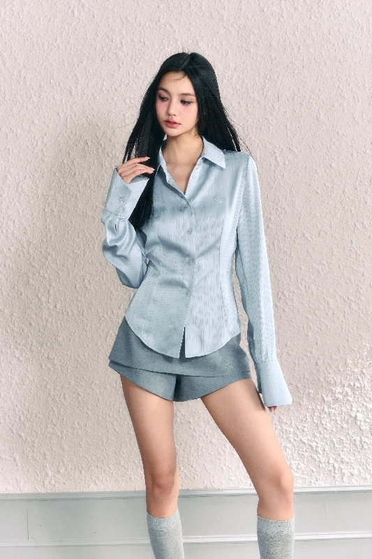 Refined Long Sleeve Striped Satin Blouse Ruffled Neck Blouse