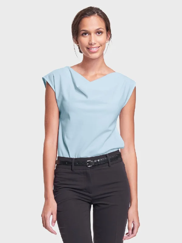 Ladies' Cowl Neck Blouse - Ice Blue Satin Drape Blouse