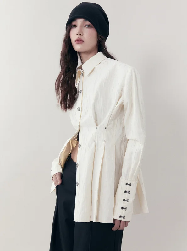 Ivory Button Pleat Blouse Elegant Semi-Sheer Blouse