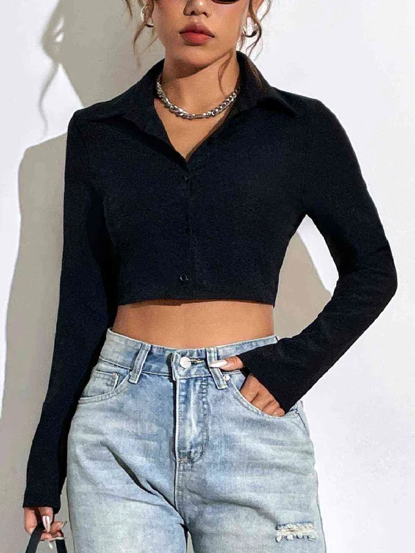 Button Up Collared Neck Long Sleeve Blouse Sweetheart Neck Blouse