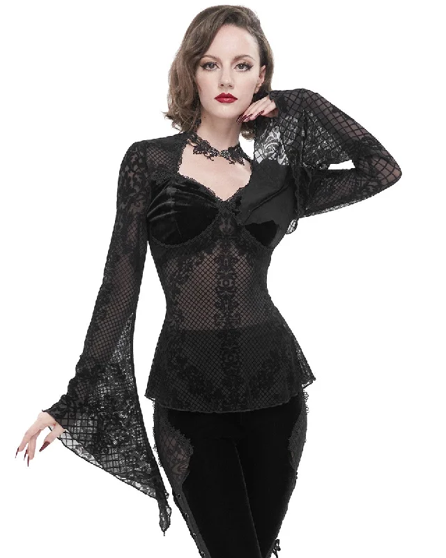 Eva Lady Dark Gothic Velvet Flocked Mesh Blouse Top Chic Square Blouse