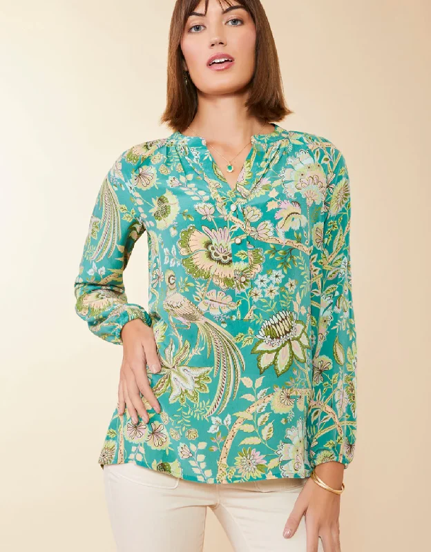 Cora Silk Blouse Mystic Moss Bird Feminine Pastel Blouse