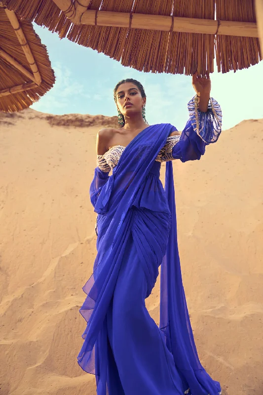 Peplum Blouse With Bishop Sleeves And Draped Saree Feminine Satin Blouse