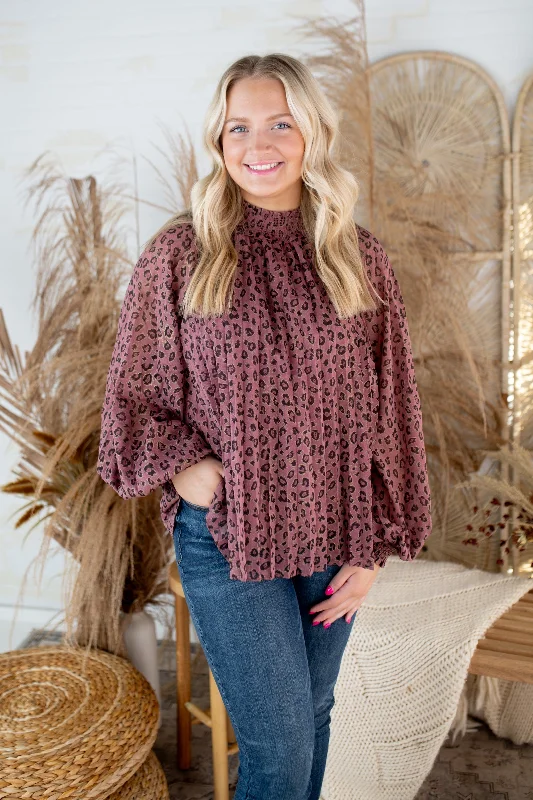 Mauve Animal Print Smocked Mock Neck Blouse Stylish Wrap Blouse