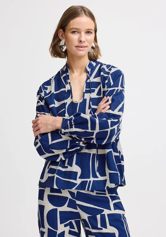 b.young Hamma Geometric Print Blouse, Navy and Cream Feminine Tie Blouse
