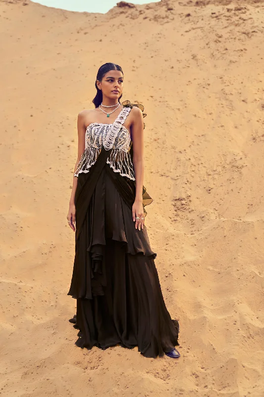 Draped Saree With Ruffled Palla And Corset Peplum Blouse Casual Button Blouse