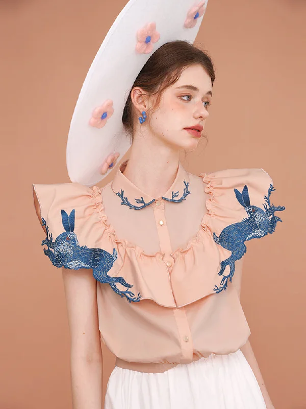 Enchanted Hare Embroidered Blouse Ruffled Neck Blouse