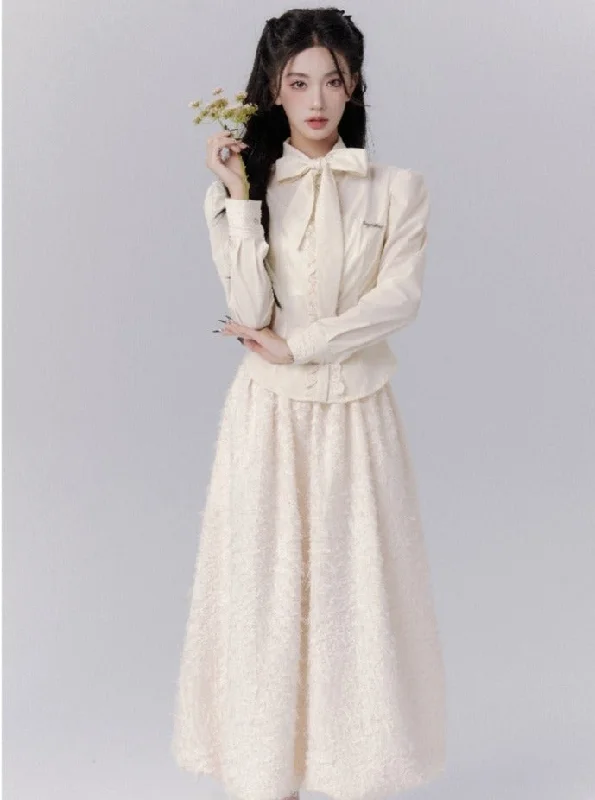 Vintage-Inspired Cream Puff Sleeve Blouse and Midi Skirt Set Soft Modal Blouse