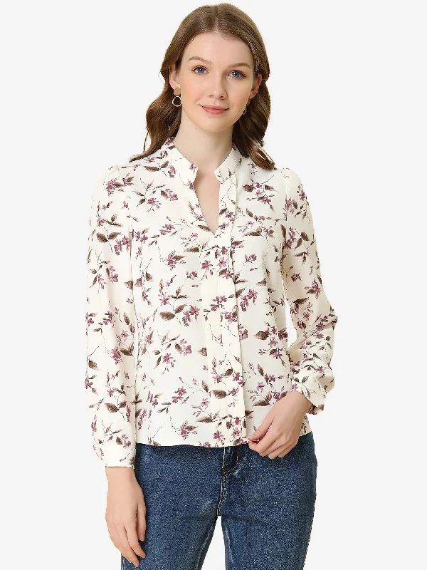 Floral Print Split V Neck Office Long Sleeve Blouse Shirt Classic Minimalist Blouse