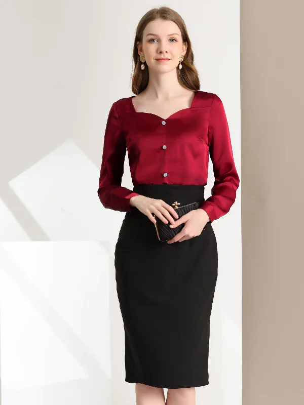Elegant Sweetheart Neck Button Decor Long Sleeve Satin Blouse Soft Knit Blouse