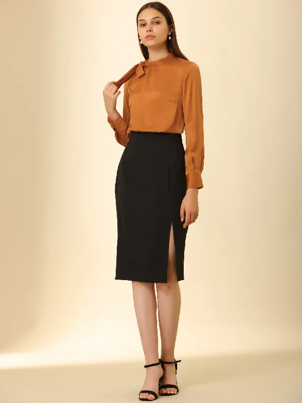 Bow Tie Neck Shirt Work Office Satin Blouse Lightweight Tunic Blouse