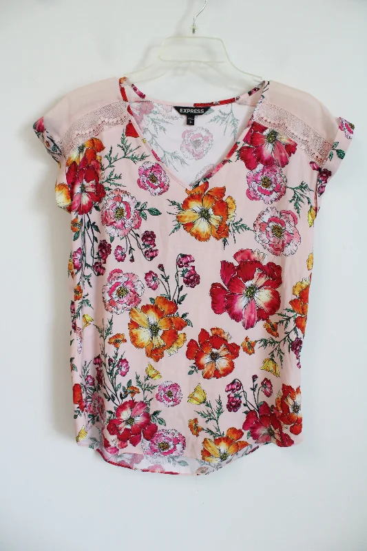 Express Pink Floral Satin Blouse | S Delicate Pleat Blouse