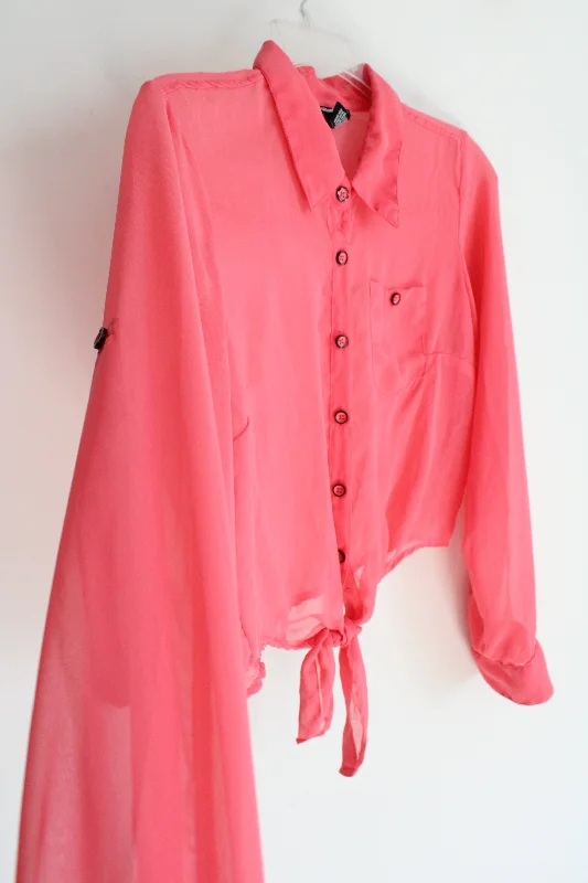 Cotton Express Coral Pink Sheer Chiffon Blouse | L Semi-Sheer Blouse