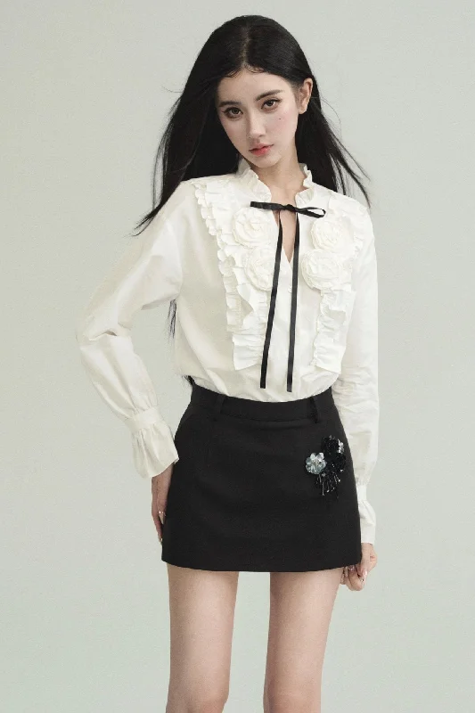 Elegant Contrast Ensemble: Crystal-Embellished Tweed Mini Skirt & Victorian Ruffle Blouse Set Elegant Lace Blouse Elegant Contrast Ensemble: Crystal-Embellished Tweed Mini Skirt & Victorian Ruffle Blouse Set Elegant Lace Blouse