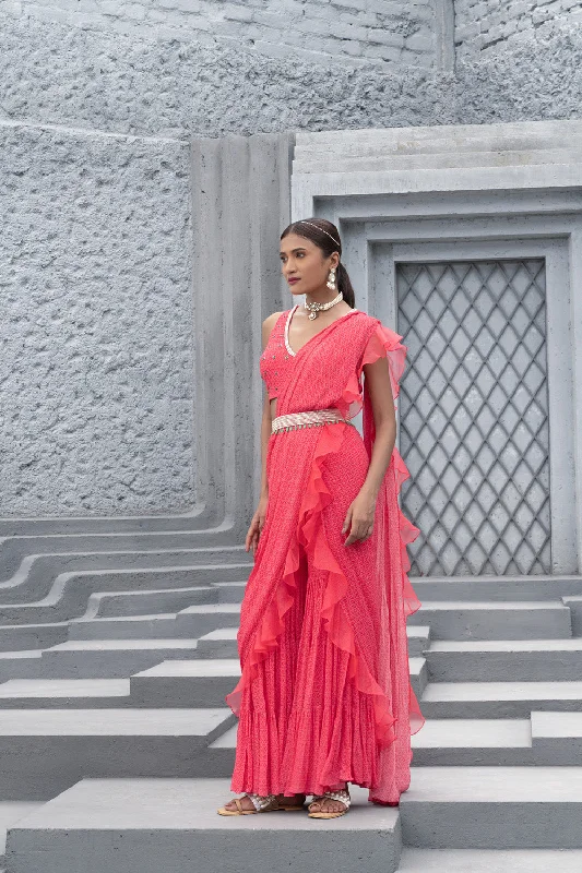 Raspberry Printed Sharara Saree With Blouse Classic Striped Blouse