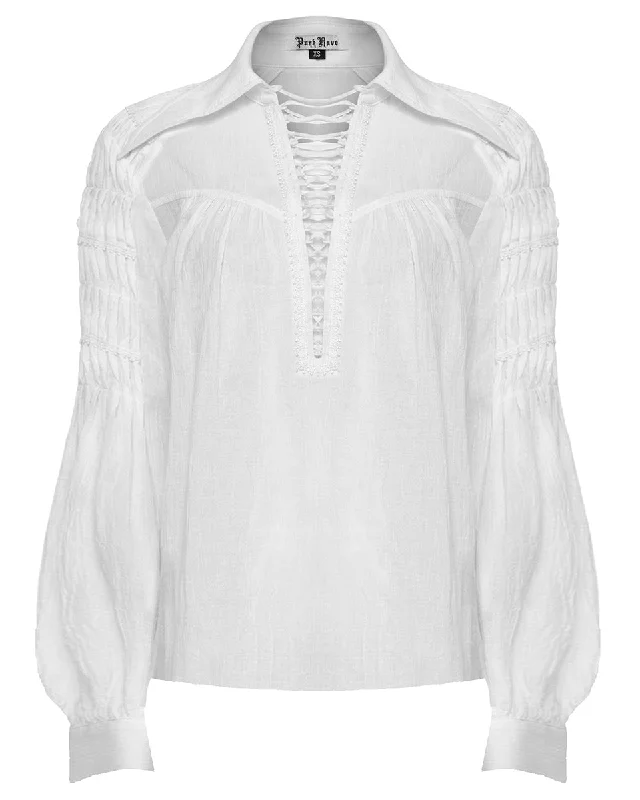 Punk Rave Womens Steampunk Pirate Blouse Top - White Asymmetric Hem Blouse