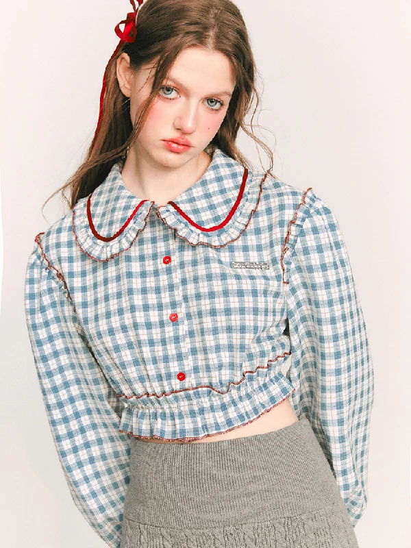 Round collar check blouse【s0000000981】 Balloon Sleeve Blouse