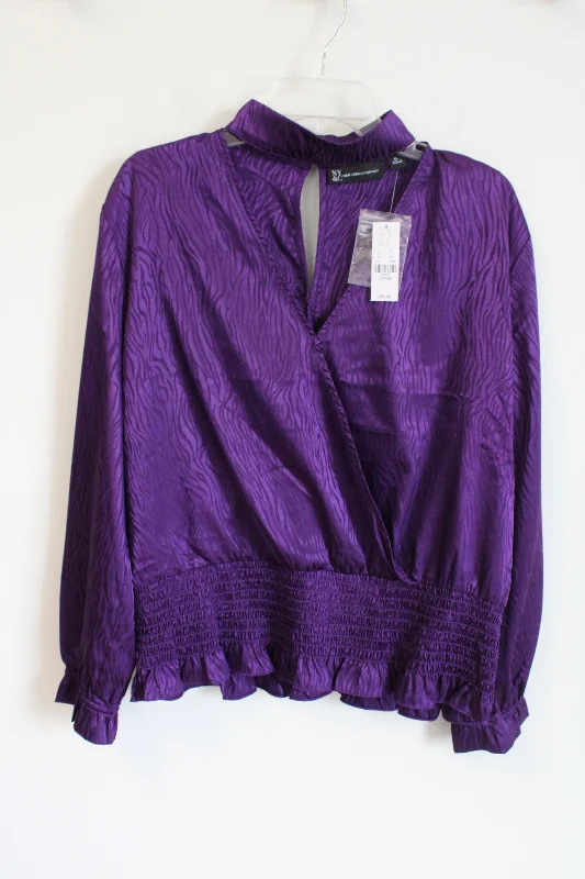 NEW New York & Co. Purple Zebra Striped Satin Blouse | XL Casual Button Blouse