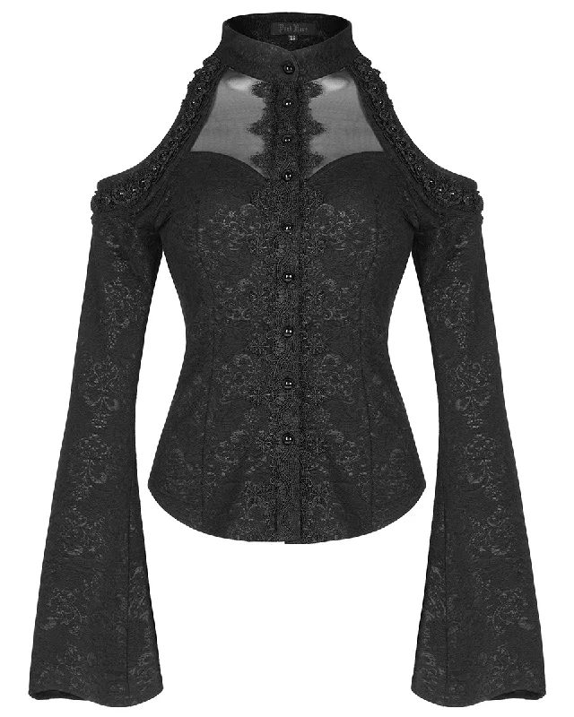 Punk Rave Womens Dark Gothic Lolita Cold Shoulder Blouse Sheer Sleeve Blouse