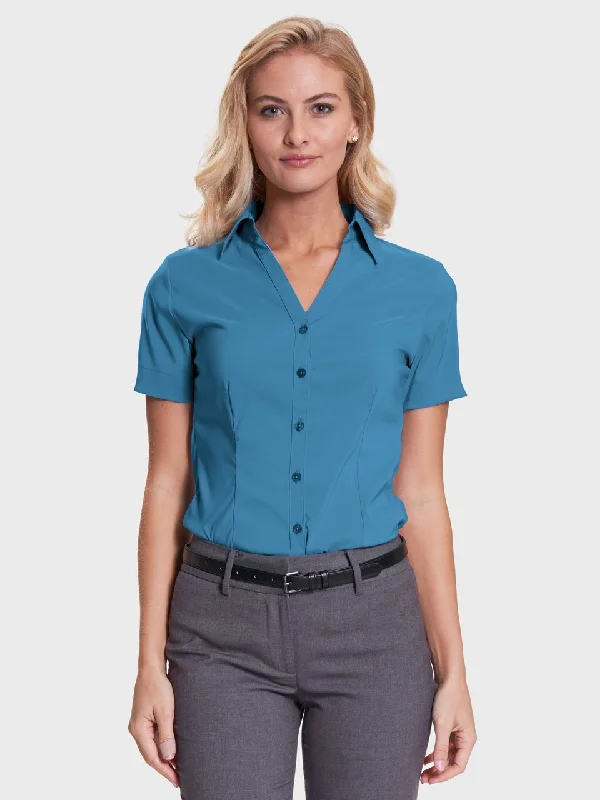 Ladies' Perfect Blouse Short Sleeve - Aquamarine Elegant Embroidery Blouse