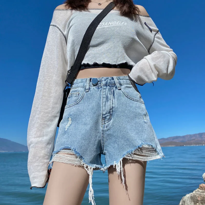 Denim shorts female summer  version of the high waist slimming high loose hole wool wrapping pants tide Comfortable Pleated Pants