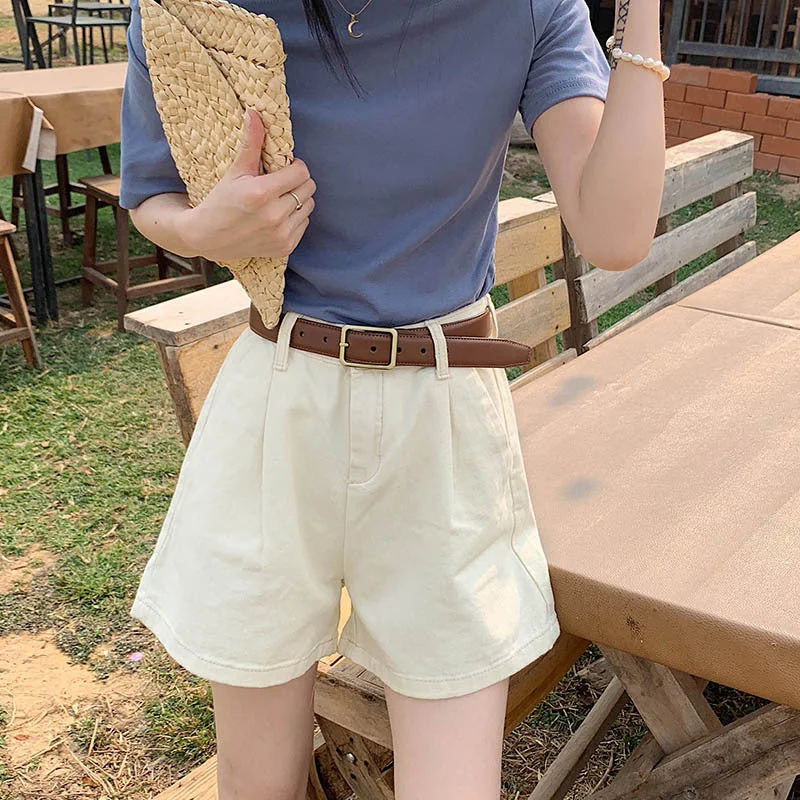 Cowboy shorts female summer high waist loose thin apricot casual solid color wild flask hot pants Fashionable Sporty Pants