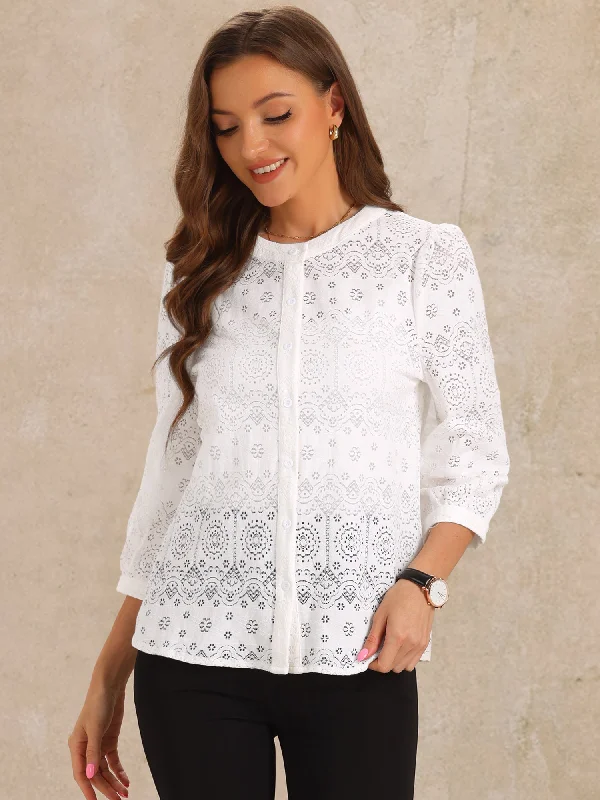 Boho Eyelet 3/4 Puff Sleeves Round Neck Blouse Soft Pastel Blouse
