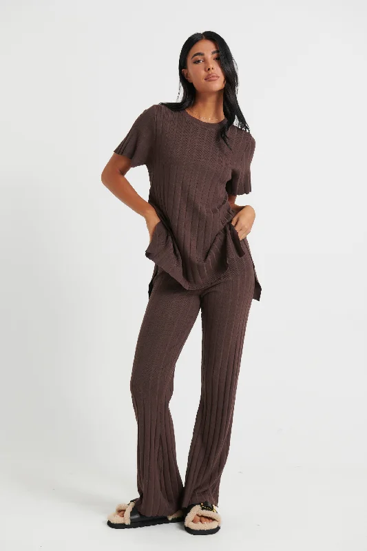 Leighton Ribbed Pant Chocolate Trendy Wide-Leg Pants