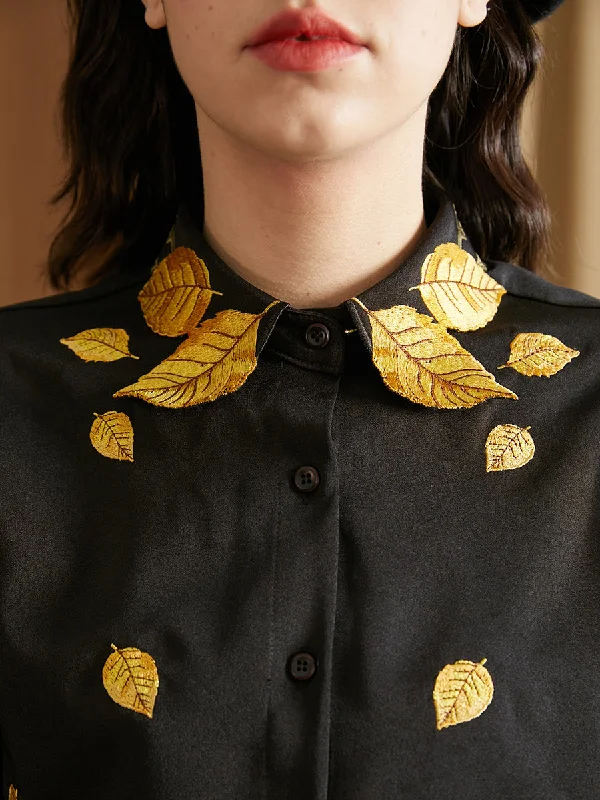 Golden Leaf Embroidered Blouse Bell Sleeve Blouse
