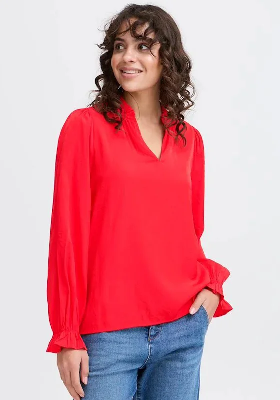 Fransa Diana Frill Trim Blouse, Red Drape Neck Blouse